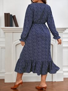 SHEIN Frenchy Vestido con estampado de planta de manga con volante bajo con fruncido sin cinturón - Azul Marino - Ver 2