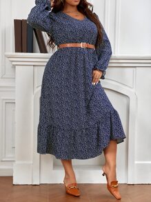 SHEIN Frenchy Vestido con estampado de planta de manga con volante bajo con fruncido sin cinturón - Azul Marino - Ver 4