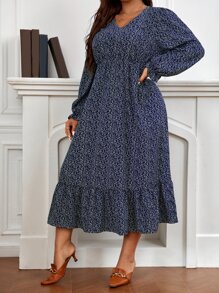 SHEIN Frenchy Vestido con estampado de planta de manga con volante bajo con fruncido sin cinturón - Azul Marino - Ver 5