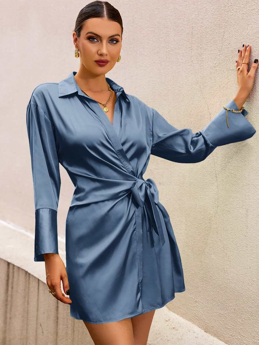 SHEIN BIZwear 落肩袖側打結緞面連衣裙 - 霧霾藍 - 查看 1