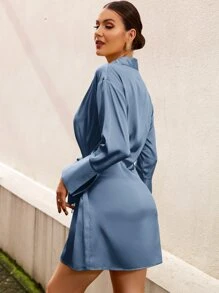 SHEIN BIZwear 落肩袖側打結緞面連衣裙 - 霧霾藍 - 查看 2