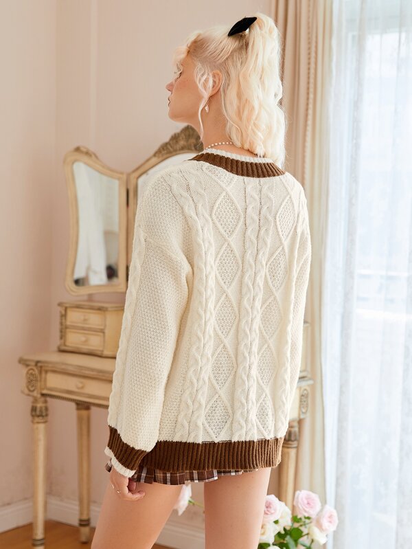 Sweetness Cable Knit Striped Trim Sweater SHEIN USA