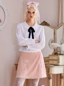 ROMWE Contrast Lace Bow Front Skirt - Pink - View 4