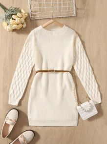 SHEIN 女孩落肩袖毛衣洋裝不附腰帶 - 米色 - 查看 1