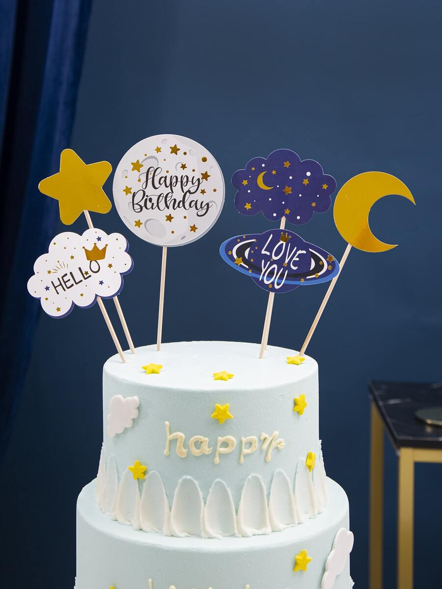 6pcs Moon & Star Design Birthday Cake Topper - Multicolor - View 1
