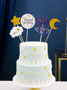 6pcs Moon & Star Design Birthday Cake Topper - Multicolor - View 2