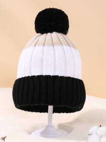 Toddler Kids Color Block Pom Pom Decor Cuff Beanie - Multicolor - View 1