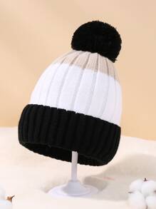 Toddler Kids Color Block Pom Pom Decor Cuff Beanie - Multicolor - View 2