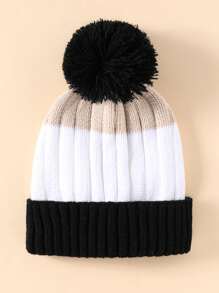 Toddler Kids Color Block Pom Pom Decor Cuff Beanie - Multicolor - View 3
