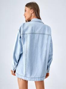 SHEIN Frenchy Flap Pocket Drop Shoulder Denim Jacket Winter Casual - Light Wash - View 2