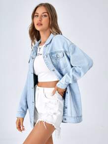 SHEIN Frenchy Flap Pocket Drop Shoulder Denim Jacket Winter Casual - Light Wash - View 3