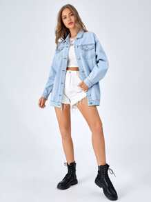SHEIN Frenchy Flap Pocket Drop Shoulder Denim Jacket Winter Casual - Light Wash - View 4
