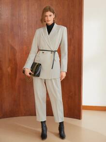 MOTF PREMIUM 粘膠纖維雙排釦腰帶西裝外套 - 淺灰色 - 查看 4