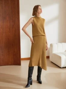 MOTF PREMIUM Váy len nữ Bất đối xứng màu trơn Thanh lịch - màu nâu - Xem 8