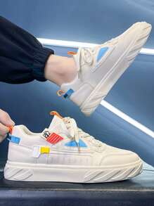 Men Contrast Panel Lace-up Front Skate Shoes - Beige - View 2