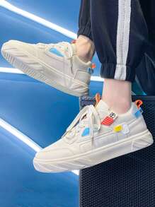 Men Contrast Panel Lace-up Front Skate Shoes - Beige - View 3