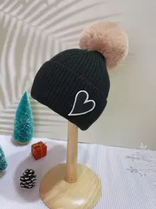 Girls Heart & Pom Pom Decor Cuff Beanie - Black - View 2