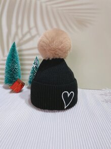Girls Heart & Pom Pom Decor Cuff Beanie - Black - View 3