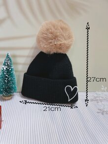 Girls Heart & Pom Pom Decor Cuff Beanie - Black - View 5