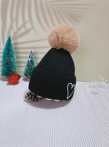 Girls Heart & Pom Pom Decor Cuff Beanie - Black - View 6