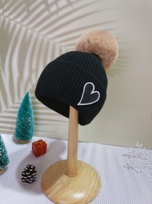 Girls Heart & Pom Pom Decor Cuff Beanie - Black - View 7