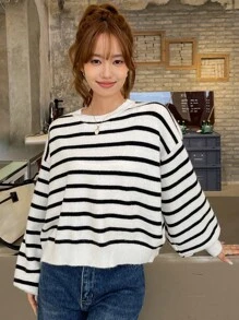 DAZY Mẫu sọc Ngực đơn Tách rời Thả vai Áo len - Đen và trắng - Xem 2