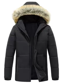 Manfinity Homme Men Fuzzy Trim Hooded Zipper Outdoor Windbreaker Padded Coat, Fall/Winter - Black - View 1