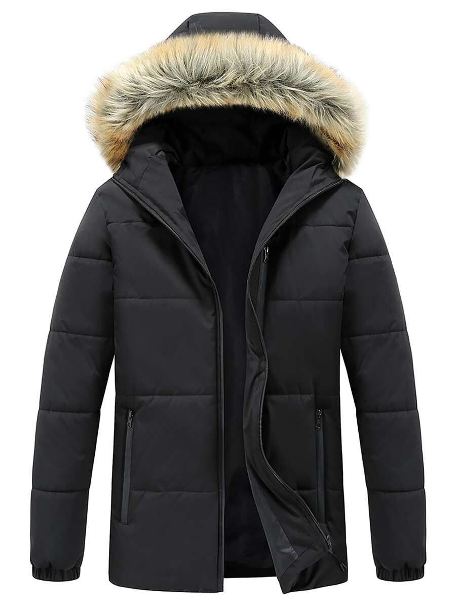 Manfinity Homme Men Fuzzy Trim Hooded Zipper Outdoor Windbreaker Padded Coat, Fall/Winter - Black - View 1