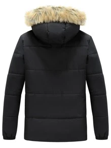 Manfinity Homme Men Fuzzy Trim Hooded Zipper Outdoor Windbreaker Padded Coat, Fall/Winter - Black - View 2