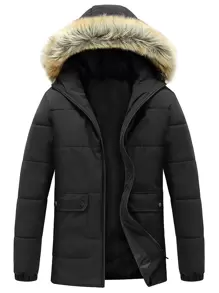 Manfinity Homme Loose Fit Men's Flap Pocket Fuzzy Trim Hooded Padded Coat - Black - View 1