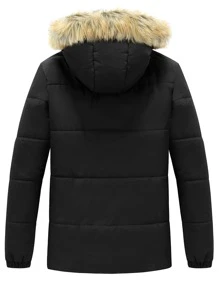 Manfinity Homme Loose Fit Men's Flap Pocket Fuzzy Trim Hooded Padded Coat - Black - View 2