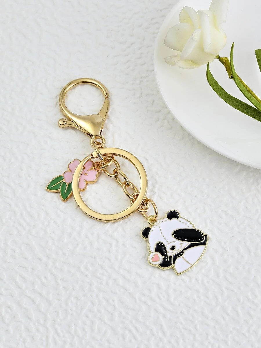 Flower & Panda Charm Keychain - Multicolor - View 1