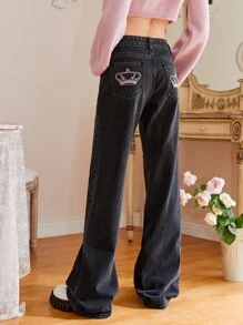 ROMWE Kawaii Crown Embroidery Jeans - Black - View 1