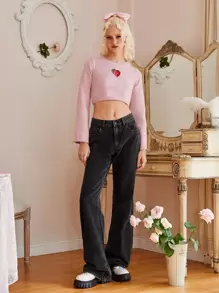 ROMWE Kawaii Crown Embroidery Jeans - Black - View 4