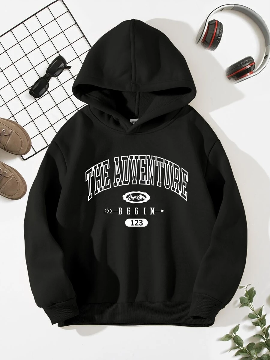 SHEIN Áo nỉ giữ nhiệt lót trong, in chữ, dành cho bé trai tuổi teen. - màu đen - Xem 1