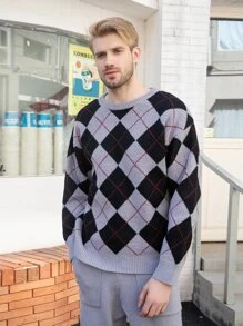 Manfinity Men Argyle Pattern Drop Shoulder Jumper & Slant Pocket Knit Trousers - Multicolor - View 2