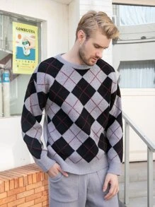 Manfinity Men Argyle Pattern Drop Shoulder Jumper & Slant Pocket Knit Trousers - Multicolor - View 5