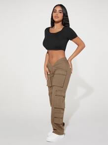 SHEIN PETITE Quần jean chở hàng V-cut Eo Túi có nắp - Màu nâu  Mocha - Xem 4