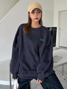DAZY Letter Embroidery Drop Shoulder Thermal Pullover,Long Sleeve Tops,Fall Women Clothes Sweatshirt - Navy Blue - View 1