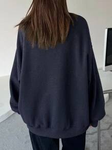 DAZY Letter Embroidery Drop Shoulder Thermal Pullover,Long Sleeve Tops,Fall Women Clothes Sweatshirt - Navy Blue - View 2