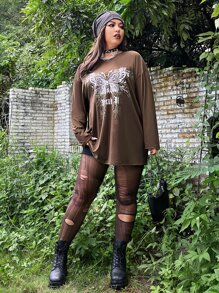 ROMWE PUNK Plus Butterfly And Letter Graphic Drop Shoulder Tee - Chocolate Brown - View 3