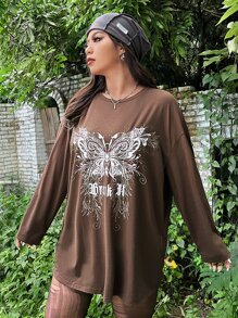 ROMWE PUNK Plus Butterfly And Letter Graphic Drop Shoulder Tee - Chocolate Brown - View 5