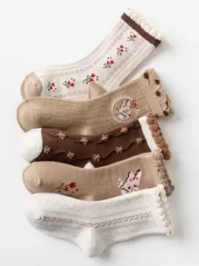5雙小女童花卉圖案中筒襪 - 彩色 - 查看 1