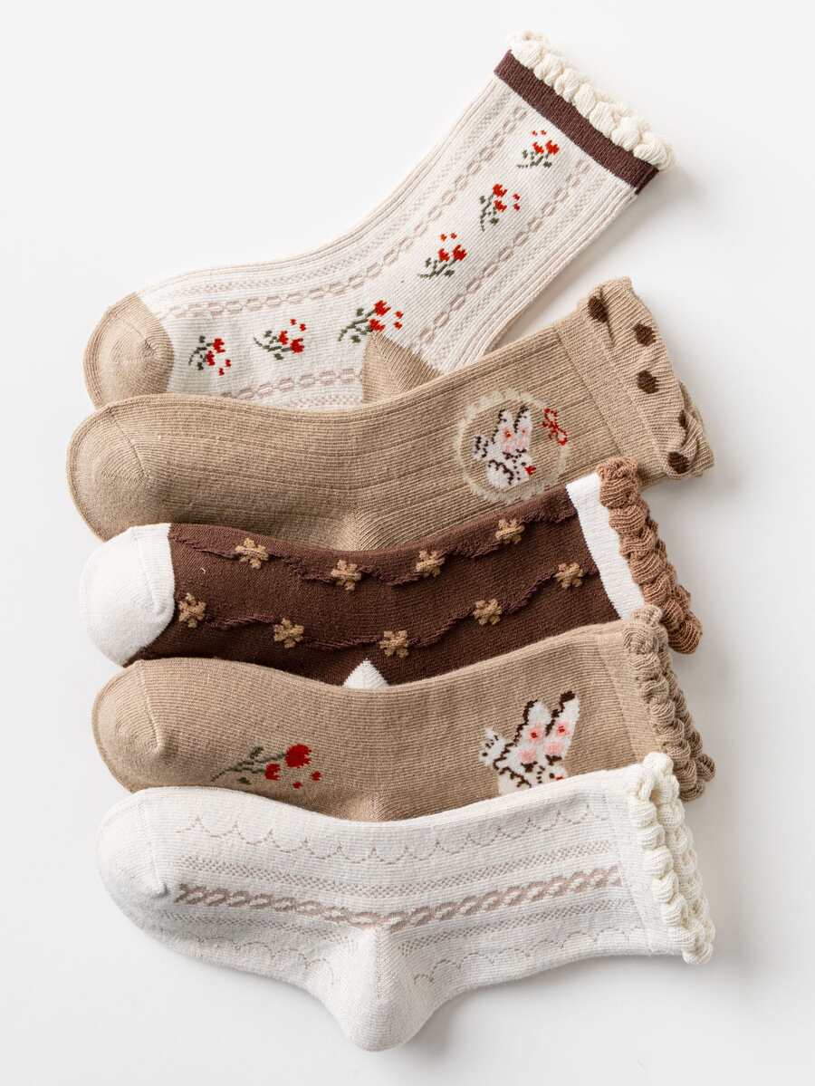 5雙小女童花卉圖案中筒襪 - 彩色 - 查看 1