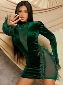 Đầm Tương phản lông thú giả Tương phản Mesh cắt Dây kéo màu trơn Buổi tiệc - Màu xanh lá cây đậm - Xem 1