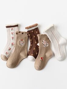 5雙小女童花卉圖案中筒襪 - 彩色 - 查看 2