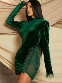 Đầm Tương phản lông thú giả Tương phản Mesh cắt Dây kéo màu trơn Buổi tiệc - Màu xanh lá cây đậm - Xem 3