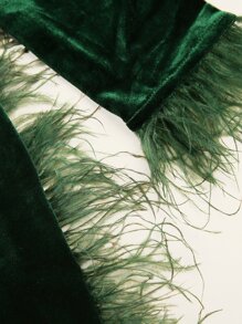 Đầm Tương phản lông thú giả Tương phản Mesh cắt Dây kéo màu trơn Buổi tiệc - Màu xanh lá cây đậm - Xem 9