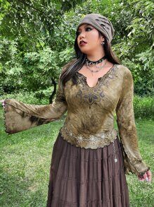 ROMWE PUNK 大碼花卉圖案紮染木耳邊荷葉袖T恤不附腰帶 - 彩色 - 查看 1