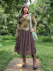 ROMWE PUNK 大碼花卉圖案紮染木耳邊荷葉袖T恤不附腰帶 - 彩色 - 查看 3